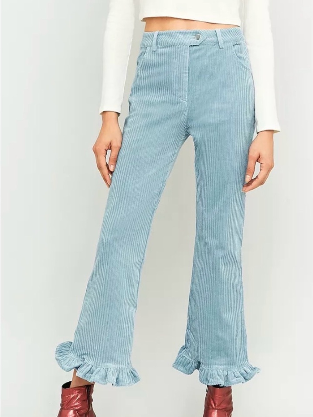 Light Blue Corduroy Ruffle-Hem Trousers